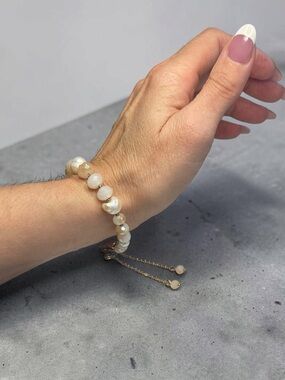 Freshwater Pearl Crystal Adjustable Bolo Bracelet Gold Tone